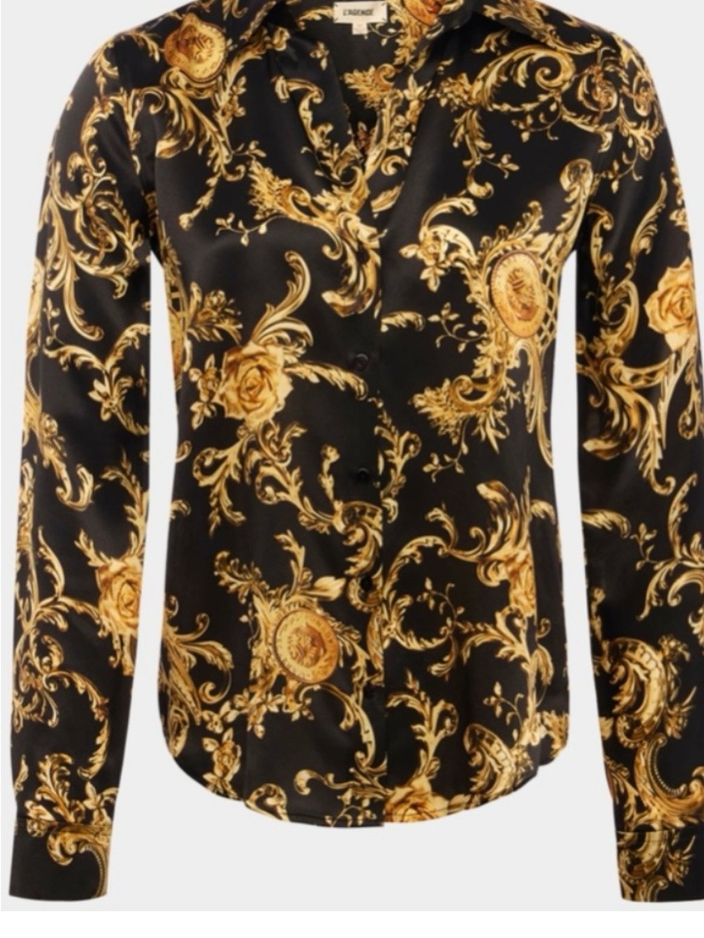 L'AGENCE Black and Gold Baroque-Print Silk Top worn once like new